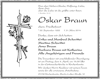 Traueranzeige von Oskar Braun von Frankenpost
