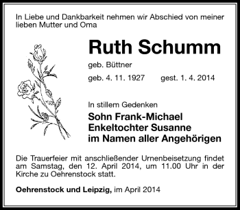 Traueranzeige von Ruth Schumm von Südthüringer Presse
