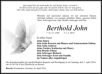 Traueranzeige von Berhold John von Südthüringer Presse