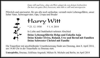 Traueranzeige von Harry Witt von Südthüringer Presse