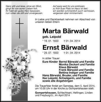 Traueranzeige von MartaErnst BärwaldBärwald von Südthüringer Presse