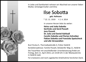 Traueranzeige von Ilse Sobotta von Neue Presse Coburg