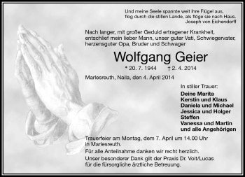 Traueranzeige von Wolfgang Geier von Frankenpost