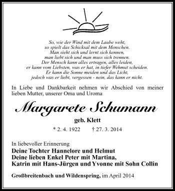 Traueranzeige von Margarete Schumann von Südthüringer Presse