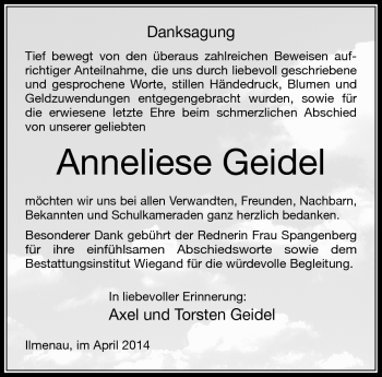Traueranzeige von Anneliese Geidel von Südthüringer Presse