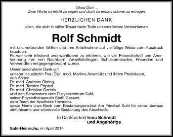 Traueranzeige von Rolf Schmidt von Südthüringer Presse