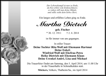 Traueranzeige von Martha Dietsch von Südthüringer Presse