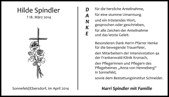 Traueranzeige von Hilde Spindler von Neue Presse Coburg