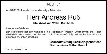 Traueranzeige von Andreas Ruß von Neue Presse Coburg