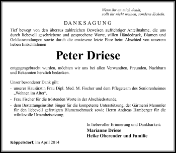 Traueranzeige von Peter Driese von Südthüringer Presse
