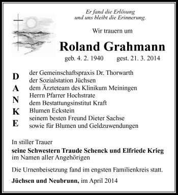 Traueranzeige von Roland Grahmann von Südthüringer Presse