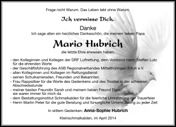 Traueranzeige von Mario Hubrich von Südthüringer Presse