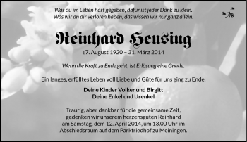 Traueranzeige von Reinhard Heusing von Südthüringer Presse