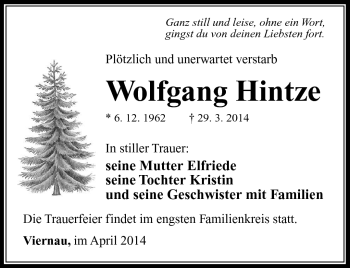 Traueranzeige von Wolfgang Hintze von Südthüringer Presse