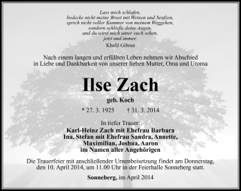Traueranzeige von Ilse Zach von Südthüringer Presse