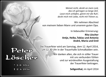 Traueranzeige von Peter Löscher von Südthüringer Presse