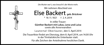 Traueranzeige von Else Backert von Neue Presse Coburg