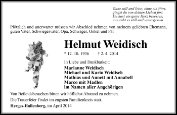 Traueranzeige von Helmut Weidisch von Südthüringer Presse