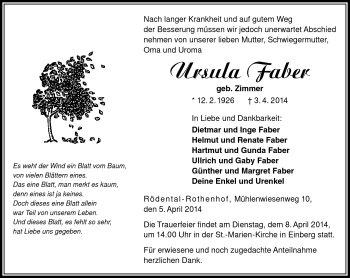 Traueranzeige von Ursula Faber von Neue Presse Coburg