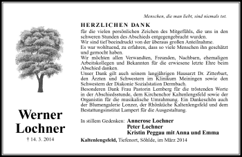 Traueranzeige von Werner Lochner von Südthüringer Presse