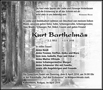 Traueranzeige von Kurt Barthelmäs von Südthüringer Presse