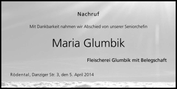 Traueranzeige von Maria Glumbik von Neue Presse Coburg
