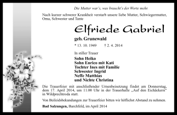 Traueranzeige von Elfriede Gabriel von Südthüringer Presse