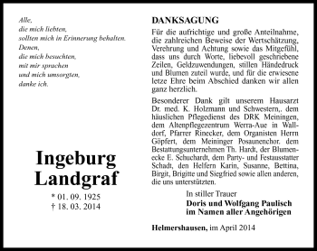 Traueranzeige von Ingeburg Landgraf von Südthüringer Presse