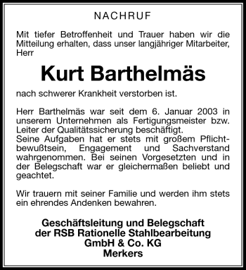 Traueranzeige von Kurt Barthelmäs von Südthüringer Presse