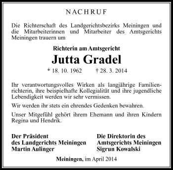 Traueranzeige von Jutta Gradel von Südthüringer Presse