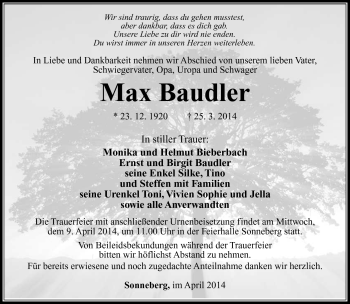 Traueranzeige von Max Baudler von Südthüringer Presse