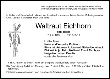 Traueranzeige von Waltraut Eichhorn von Neue Presse Coburg