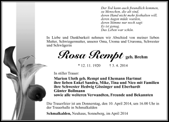 Traueranzeige von Rosa Rempt von Südthüringer Presse