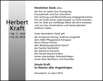 Traueranzeige von Herbert Kraft von Südthüringer Presse