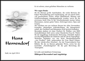 Traueranzeige von Hans Herrendorf von Südthüringer Presse