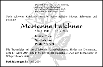 Traueranzeige von Marianne Felchner von Südthüringer Presse