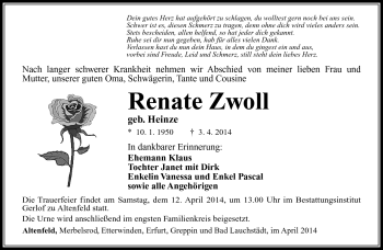 Traueranzeige von Renate Zwoll von Südthüringer Presse