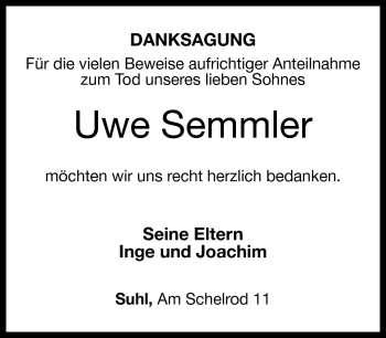 Traueranzeige von Uwe Semmler von Südthüringer Presse