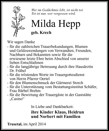 Traueranzeige von Milda Hepp von Südthüringer Presse