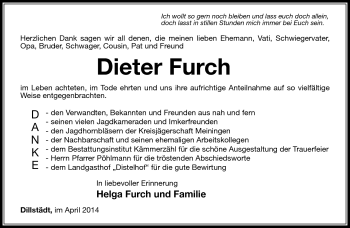 Traueranzeige von Dieter Furch von Südthüringer Presse