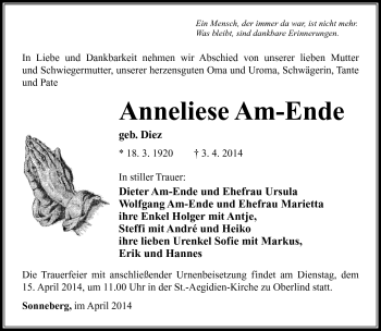 Traueranzeige von Anneliese Am-Ende von Südthüringer Presse