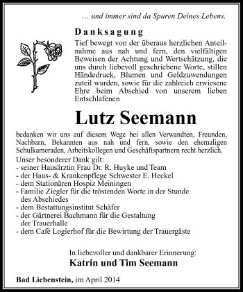 Traueranzeige von Lutz Seemann von Südthüringer Presse