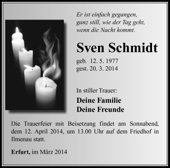 Traueranzeige von Sven Schmidt von Südthüringer Presse