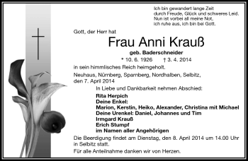 Traueranzeige von Anni Krauß von Frankenpost