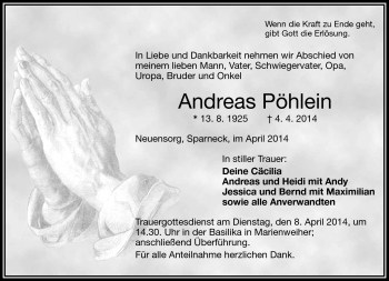 Traueranzeige von Andreas Pöhlein von Frankenpost