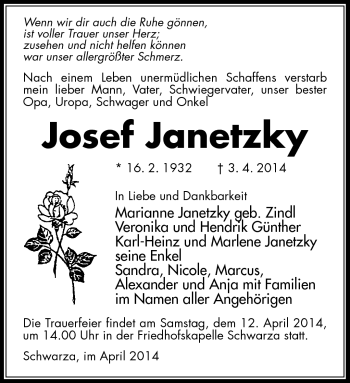 Traueranzeige von Josef Janetzky von Südthüringer Presse