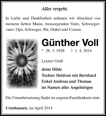 Traueranzeige von Günter Voll von Südthüringer Presse