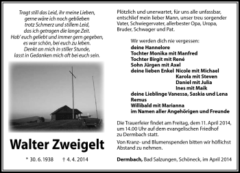 Traueranzeige von Walter Zweigelt von Südthüringer Presse