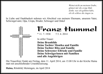 Traueranzeige von Franz Hummel von Südthüringer Presse
