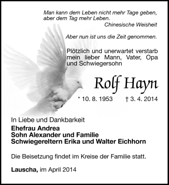 Traueranzeige von Rolf Hayn von Südthüringer Presse